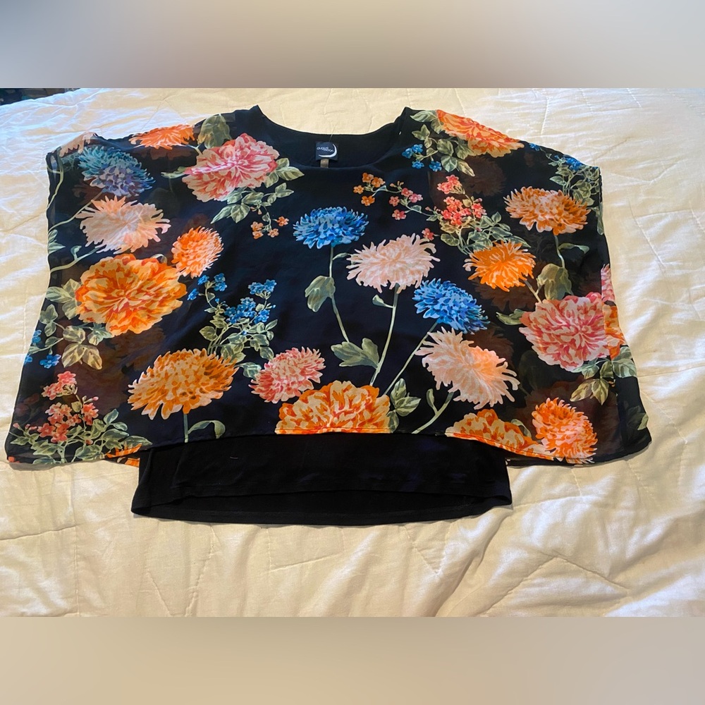 August Moon Flowy Floral Black Top with Vibrant Blooms